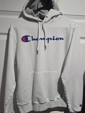 Champion White Hoodie with Blue Script and Red Accent